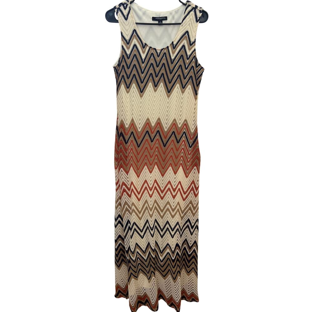 Sharagano Knit Maxi Dress Women's Size 10 Chevron Orange Cream Navy Boho Indie
